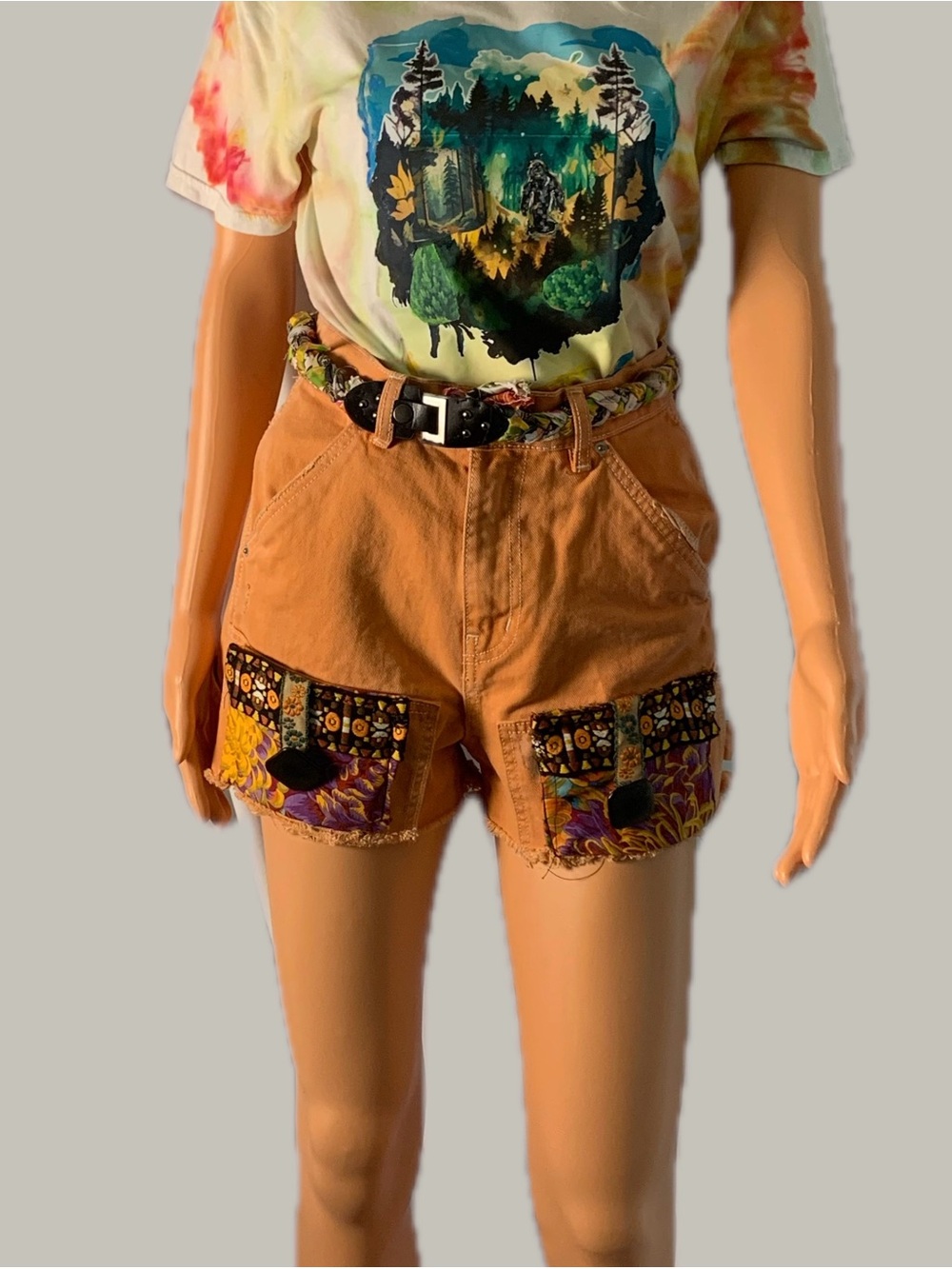 Boho Tan Patch Pocket Jean Shorts with Decorative Trim - Picture 3 of 12